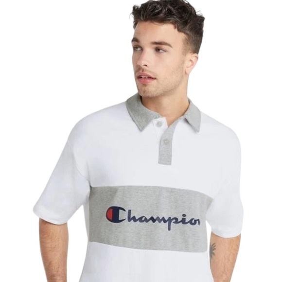 Champion Mens Rugby Polo Shirt Script Logo White Gray XL NWT - Picture 10 of 10